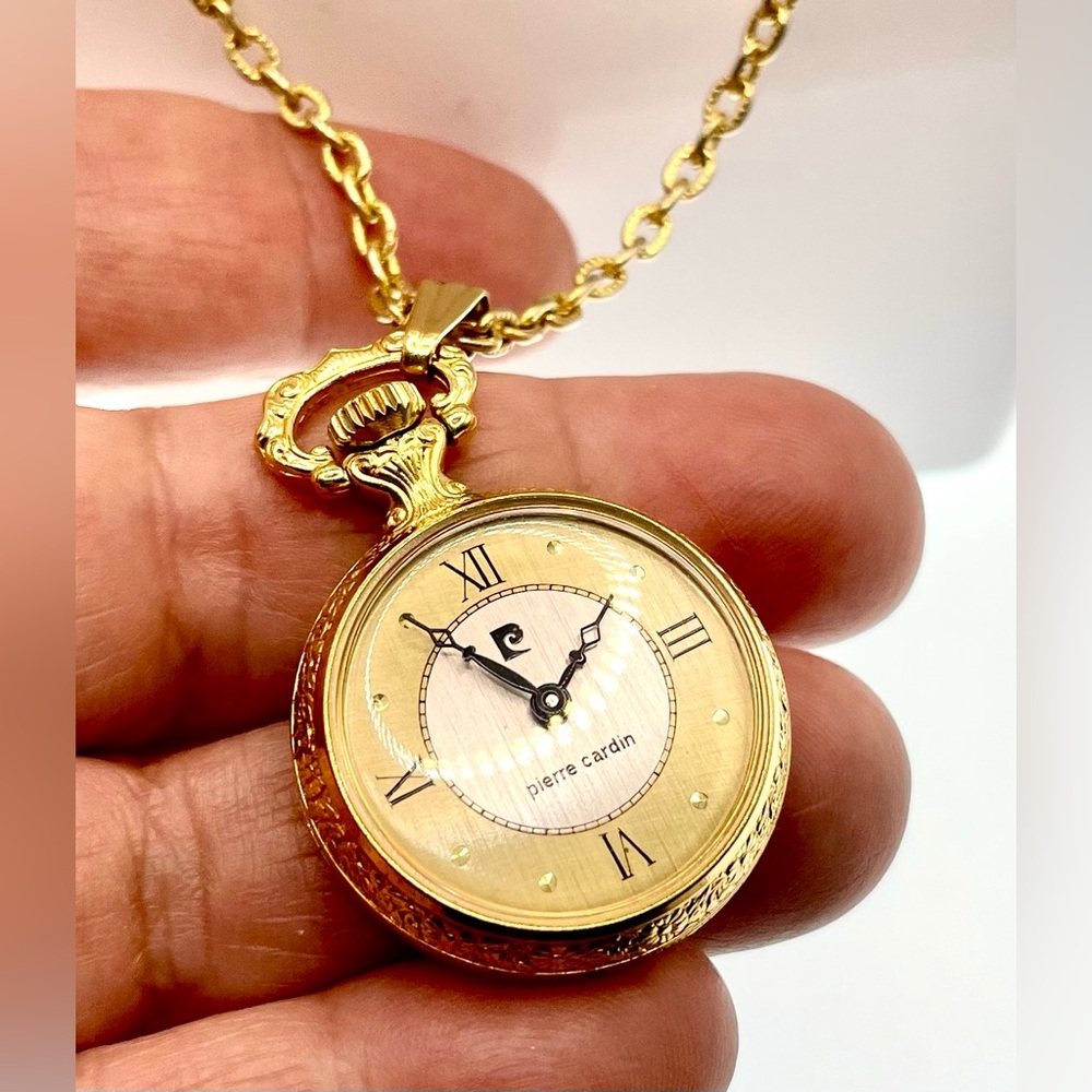 Vintage Pierre Cardin Gold Tone Mechanical Pocket Watch Rope Chain Necklace - Picture 2 of 6